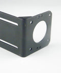 CHANCS mini gear motor seat support bracket, black metal L-shaped mount with circular motor hole and slotted sides.
