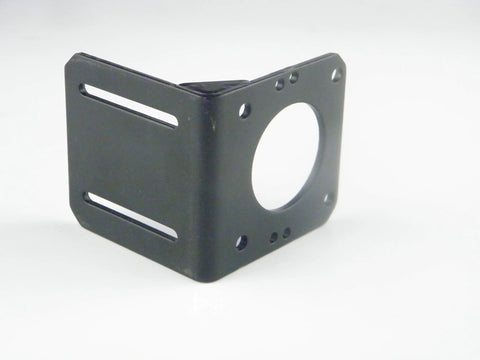 CHANCS mini gear motor seat support bracket, black metal L-shaped mount with circular motor hole and slotted sides.