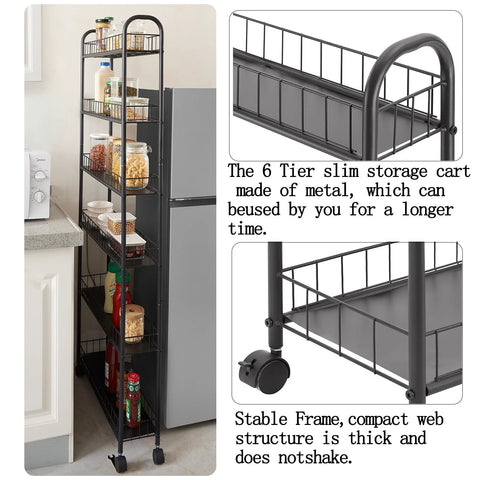 Six Tier Ultra Slim 6 Inch Depth Rolling Storage Cart On Wheels With Handle For Narrow Spaces Ideal Between Appliances