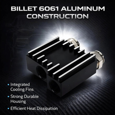 Close-up of 68RFE Thermal Bypass Valve Upgrade Kit with billet 6061 aluminum construction and cooling fins for Ram 2500, 3500