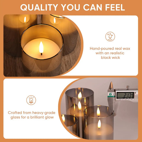 Close-up of Smoke Grey Glass Flameless Pillar Candles With Remote Control And Flickering LED Battery Candles Set Of 3 glowing