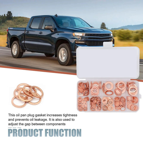 Copper Crush Washer Set for Oil Pan Plugs, 200 Piece Assortment in 9 Sizes shown with a pickup truck on the road
