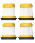 4 Pack Replacement Filters For HOTO Car Vacuum Air Duster Only 4 in 1 Portable Mini Vacuum With 20000Pa Beefy Suction Not Compatible With Other Models, showing four yellow and black cylinder filters in square arrangement