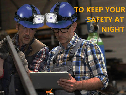Two workers wearing hard hats with Heavy Duty Helmet Light Clips for Hard Hats and Safety Caps 50 Pack Narrow Edge Headlamp Mounts.