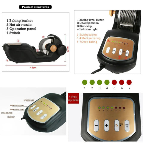 Top Notch Electric Coffee Roaster Rocking A Heavy Duty Stainless Steel Drum With Slick One Knob Control For Light To Dark Roasts And Serving Straight Up Fresh Cup Bliss Daily operation panel showing baking level buttons and controls.