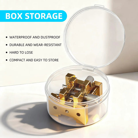 Brass Watch Movement Holder Set 2 Piece Pro Grade Tinkering Gear Multi Functional Metal Watch Repair Tool Kit in storage box.