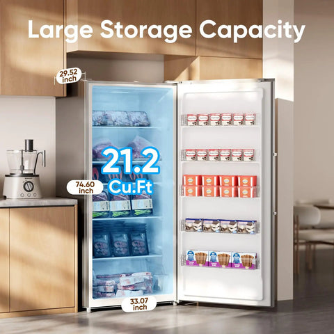 Massive Convertible Upright Freezer And Refrigerator Combo, 21.2 Cubic Feet Stainless Steel Build, Hella Quiet Operation, Energy Star Certified Top Shelf Kitchen Storage, open with food storage.
