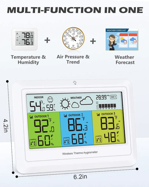 All In One Weather Station With 3 Sensors for Indoor and Outdoor Temperature Humidity Barometer Pressure Forecast