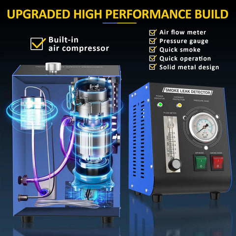 Leak Detection Smoke Machine With Built In Air Pump And Flow Meter 19 PSI Dual EVAP Mode Pro Grade Diagnostic Tester Kit For All Vehicles Pipe Systems ATVs Boats And Motorcycles, blue metal unit
