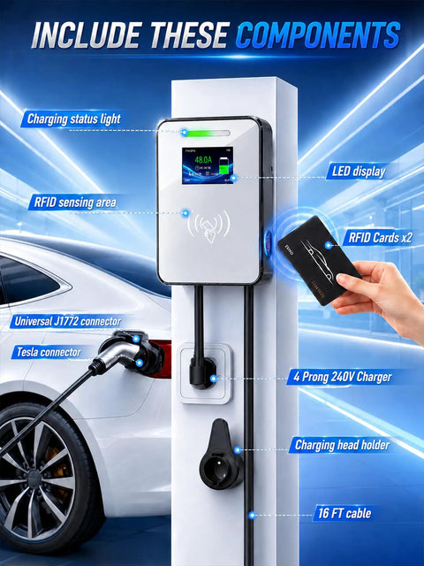 Heavy Duty Level 2 EV Charger With J1772 Adapter And Nema 14 50 Socket, LED display, RFID, 16ft cable and charging connectors.