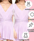 Woman in a lilac dress with illustrations showing mending low neck, sewing patches, securing clothing, and making rag dolls.