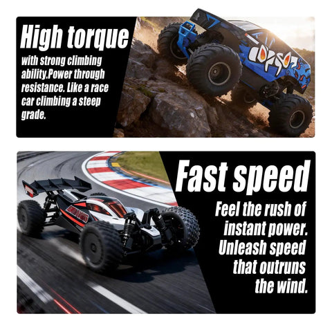 Images of RC trucks demonstrating high torque on steep terrain and fast speed on a race track, showcasing their powerful capabilities.