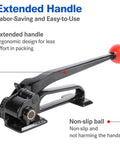Close-up of the Badass Steel Strapping Tensioner Hand Tool For Metal Banding with extended handle and non-slip ball.