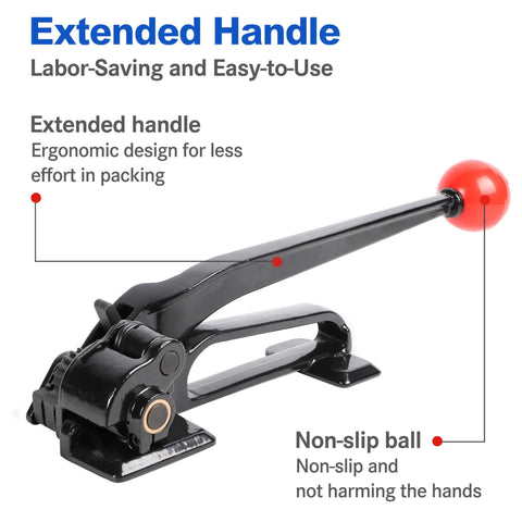 Close-up of the Badass Steel Strapping Tensioner Hand Tool For Metal Banding with extended handle and non-slip ball.