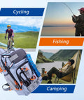 Go To Fishing Backpack With Tackle Boxes And Rod Holder Waterproof 420D Nylon Hydrophobic Coating shown with cycling, fishing, camping