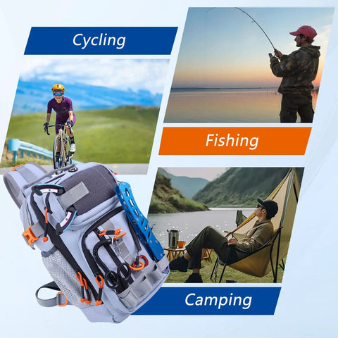 Go To Fishing Backpack With Tackle Boxes And Rod Holder Waterproof 420D Nylon Hydrophobic Coating shown with cycling, fishing, camping