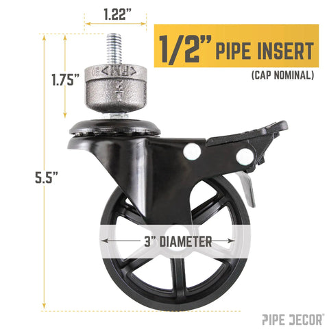 Zero Hassle Screws On Swivel Caster Wheels For Half Inch Pipe With Grippy Lock Brake And Rugged Build side view showing dimensions and features.