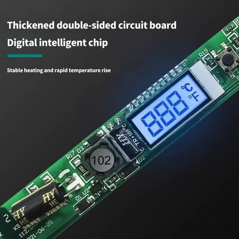 Digital Soldering Iron Heat Set Insert Tool Kit For Fast Workhorse Threaded Inserts In Plastic And 3D Printing, Adjustable 180 To 500 C With LCD Display, close-up of circuit board and display