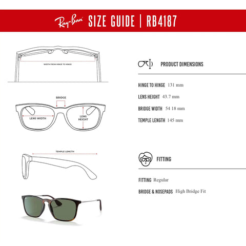 RB4187 Chris Square Sunglasses size guide with light Havana frame, dark green lenses, and product dimensions.