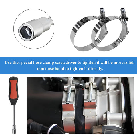 Two stainless steel 3-inch T-bolt hose clamps with 83–91mm range, installed on automotive intake hose.