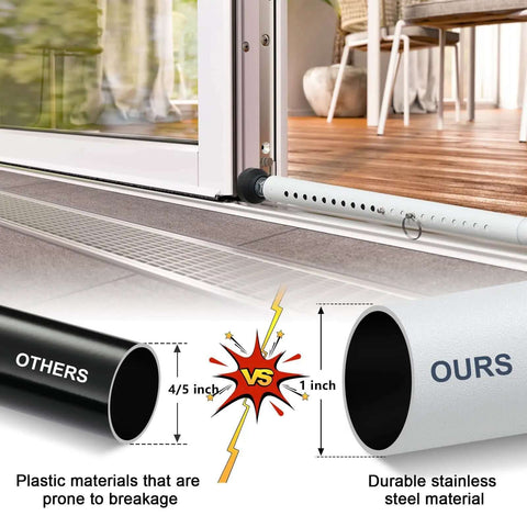 Adjustable Sliding Door Security Bar 17.5 To 50 Inches, showing 1-inch durable steel bar installed on sliding door vs. plastic bars