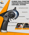 Close-up of 2.4GHz remote control for One Eighteen Scale RC Monster Truck 18859 with controls labeled for steering and speed.