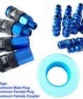 Top Shelf Aluminum Air Hose Fittings Kit Featuring Quick Connect Coupler And Industrial Air Plug One Hand Operation Rock Solid Six Ball Lock Design 1/4 Inch Blue Compressor Gear with aluminum plugs and couplers.