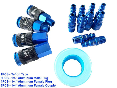 Top Shelf Aluminum Air Hose Fittings Kit Featuring Quick Connect Coupler And Industrial Air Plug One Hand Operation Rock Solid Six Ball Lock Design 1/4 Inch Blue Compressor Gear with aluminum plugs and couplers.