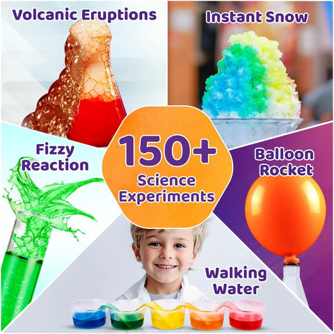 Mega 150 Science Experiment Kit For Kids with examples like volcanic eruptions, instant snow, and balloon rocket.