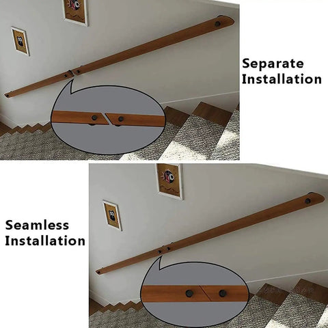 Top Tier Solid Wood Stair Handrail, Non Slip Indoor Hallway Safety Railing With Heavy Duty Iron Brackets And Full Mounting Kit, No Sweat Wall Grip Support Bar For Home Loft Or Senior Living 17 Ft Long, showing separate and seamless installation options.
