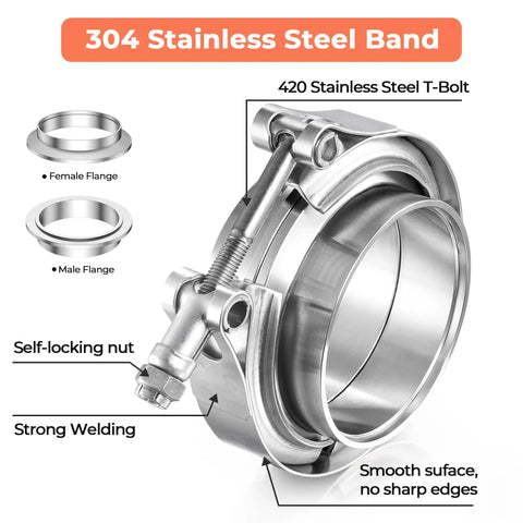 1.75 Inch V Band Clamp With Flange Kit Stainless Steel 304 for Turbo Downpipes includes male and female flanges