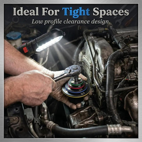 Low Profile Socket Adapter Set That Fits Tight Spooks Cr-Mo Steel Magnetic Ratchet Reducers Stackable Impact Drive Kit Sizes 1 To 3/4 And 3/8 To 1/4 Color Coded For Auto Repair And Garage Jobs in tight engine bay