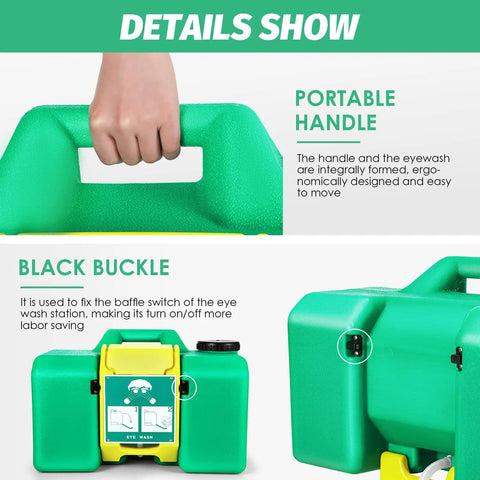 Portable hand grip and black buckle detail of Heavy Duty Portable Eye Wash Station Featuring Eight Gallon Tank For Rapid Emergency Care No Plumbing Hassle Wall Mount Or Freestanding Setup Built Tough And Ready To Roll When You Need It Most.