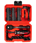Dual Head 72-Tooth Ratchet Set With 1/4 And 3/8 Inch Drives, 57-Piece Socket Wrench Kit in red case, sockets and bits displayed