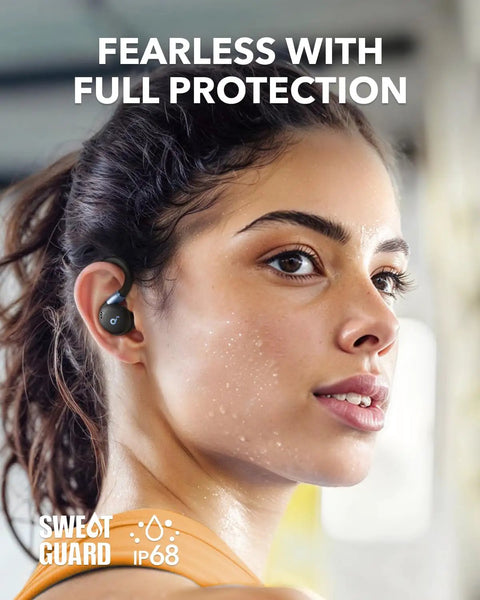 Woman wearing Sport X20 True Wireless Workout Earbuds With Rotatable And Extendable Ear Hooks, Active Noise Cancellation