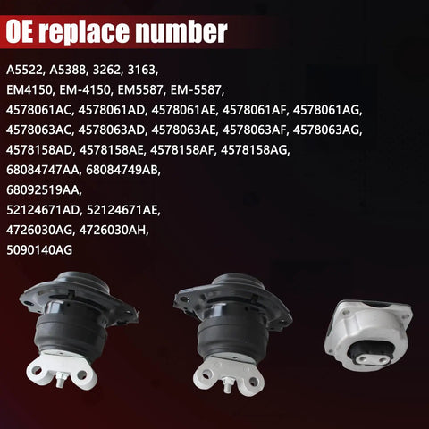 OE replacement numbers for Heavy Duty 3 Piece Engine Motor Transmission Mount Kit For Chrysler 300 Dodge Challenger.