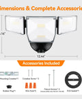 85W LED Flood Lamp Sheds 10000 Lumens Of Real Juice With Four Pivot Heads And Dusk To Dawn Switch showing dimensions and included accessories.