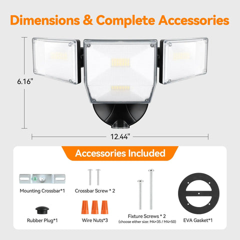 85W LED Flood Lamp Sheds 10000 Lumens Of Real Juice With Four Pivot Heads And Dusk To Dawn Switch showing dimensions and included accessories.