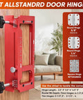 Heavy Duty Aluminum Door Hinge Jig With Adjustable Router Template For Two Point Five To Five Inch Hinges Square Corner Or Radius Mortises One Quarter Inch Or Five Eighth Inch Includes Chisel For Quick Easy Hinge Installations shown in use on a wooden door.