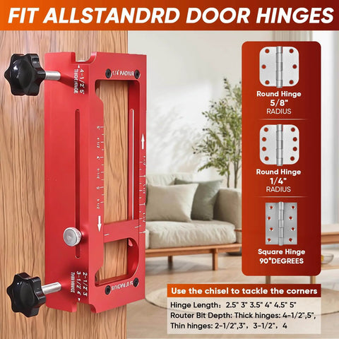 Heavy Duty Aluminum Door Hinge Jig With Adjustable Router Template For Two Point Five To Five Inch Hinges Square Corner Or Radius Mortises One Quarter Inch Or Five Eighth Inch Includes Chisel For Quick Easy Hinge Installations shown in use on a wooden door.