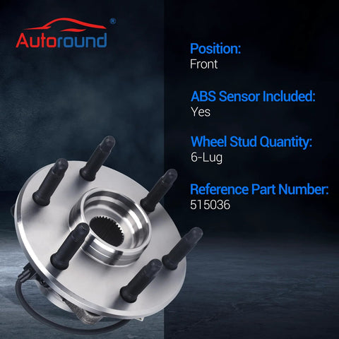 Front Wheel Bearing And Hub Assembly For 1999 To 2007 4WD And AWD Rides Including Cadillac Escalade ESV EXT Chevrolet Silverado Tahoe Suburban Avalanche Express 1500 2500 GMC Sierra Yukon Savana 1500 2500, front view with 6-lug design.