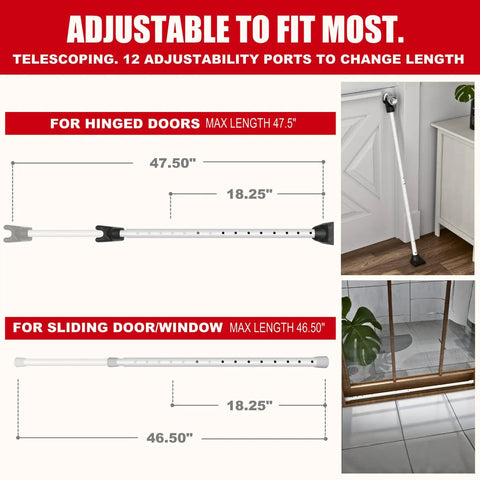 3 In 1 Door Security Bar And Barricade For Home Apartment Or Travel, adjustable iron lock bar shown in hinged and sliding door use