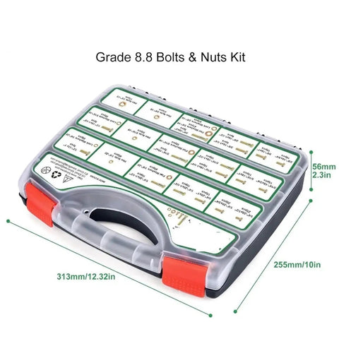 Heavy Duty Hex Bolt Kit With 772 Pieces SAE Coarse Thread Alloy Steel Nuts And Washers Gold Finish For Auto Repairs Machinery And DIY Projects In A Durable Storage Case, 313mm case
