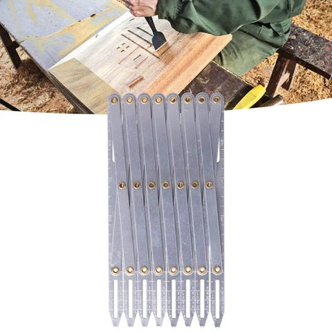 Aluminum Expanding Sewing Gauge With Button Guide And Equal Space Divider For Quilting Adjustable Ruler Set With 8 Connected Measuring Segments Multi Function Spacing Device For Crafting Pleats Buttons, shown expanded