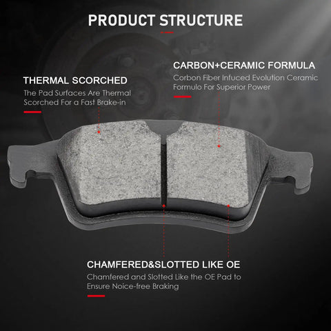 Front And Rear Ceramic Brake Pads Kit 8 Pieces For Ford C Max EcoSport Escape Focus Transit Connect Mazda 3 3 Sport 5 Volvo C30 C70 S40 V50 Quiet Low Dust High Performance Set product structure details with thermal, carbon, chamfered features