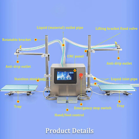 Commercial Grade Smooth Operator Automatic Dual Head Liquid Bottle Filler With Slick Touch Panel And No Hassle Adjustable Stand For Milk And Juice 35 Liters Per Minute with labeled components and stainless steel body.