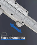Close-up of 6 Inch Vernier Caliper With Dual Inch And Metric Scale, stainless steel, fixed thumb rest visible, precise measurements