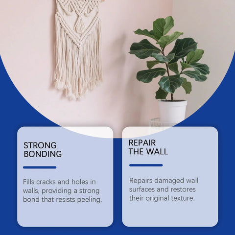 Macramé wall hanging and potted plant with text about wall repair benefits, emphasizing strong bonding and restoration