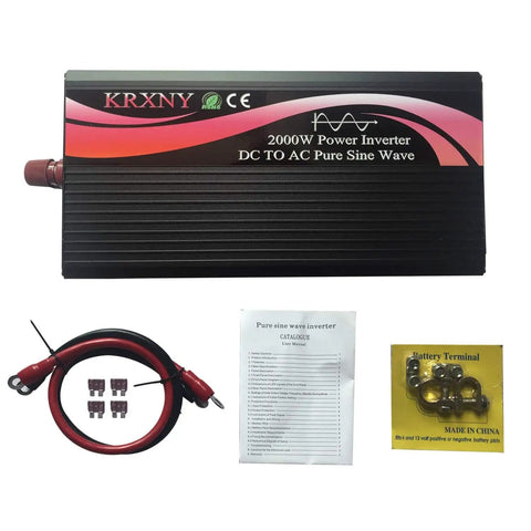 Power Inverter 2000W 24V DC To 110V 120V AC Pure Sine Wave with LED display, cables, terminals, and instruction manual