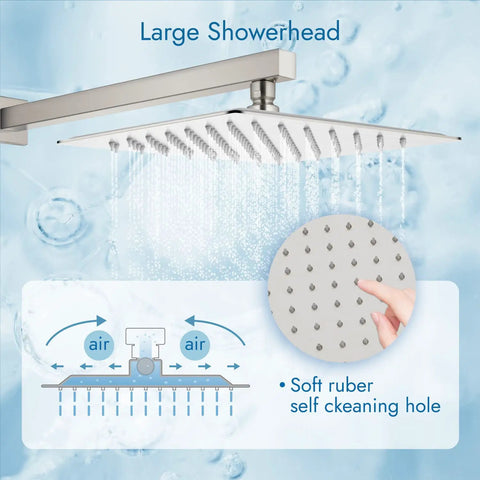 Wall Mount Shower System With 12 Inch Rainfall Shower Head And Handheld Spray Tub Spout Three Function Mixer Brushed Nickel Finish